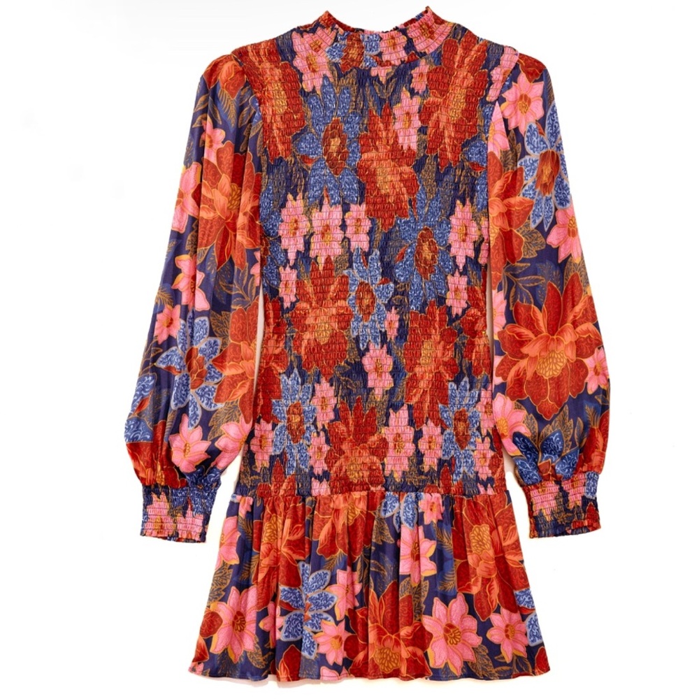 Farm Rio Colorful Garden Smocked Navy Floral Mini Short Long Sleeve Dress Sz XL